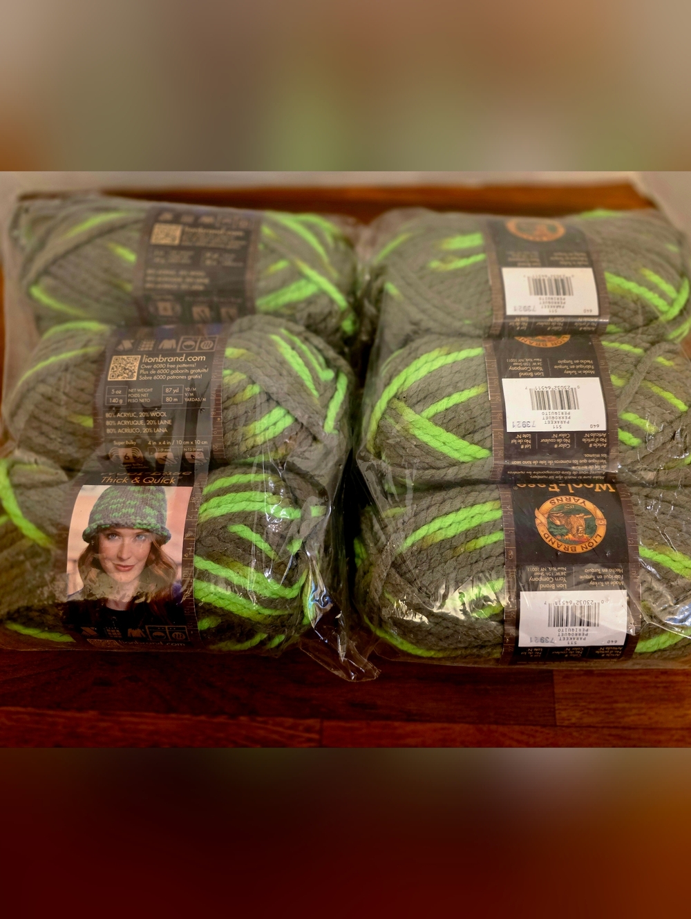 Lion Brand Striped Green & Olive Chunky Yarn - 6 Skeins